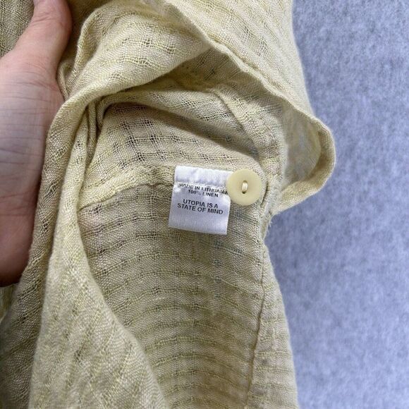 FLAX Medium Linen‎ Long Shirt Dress Button Front Green Yellow Kaftan Oversized - Picture 10 of 13